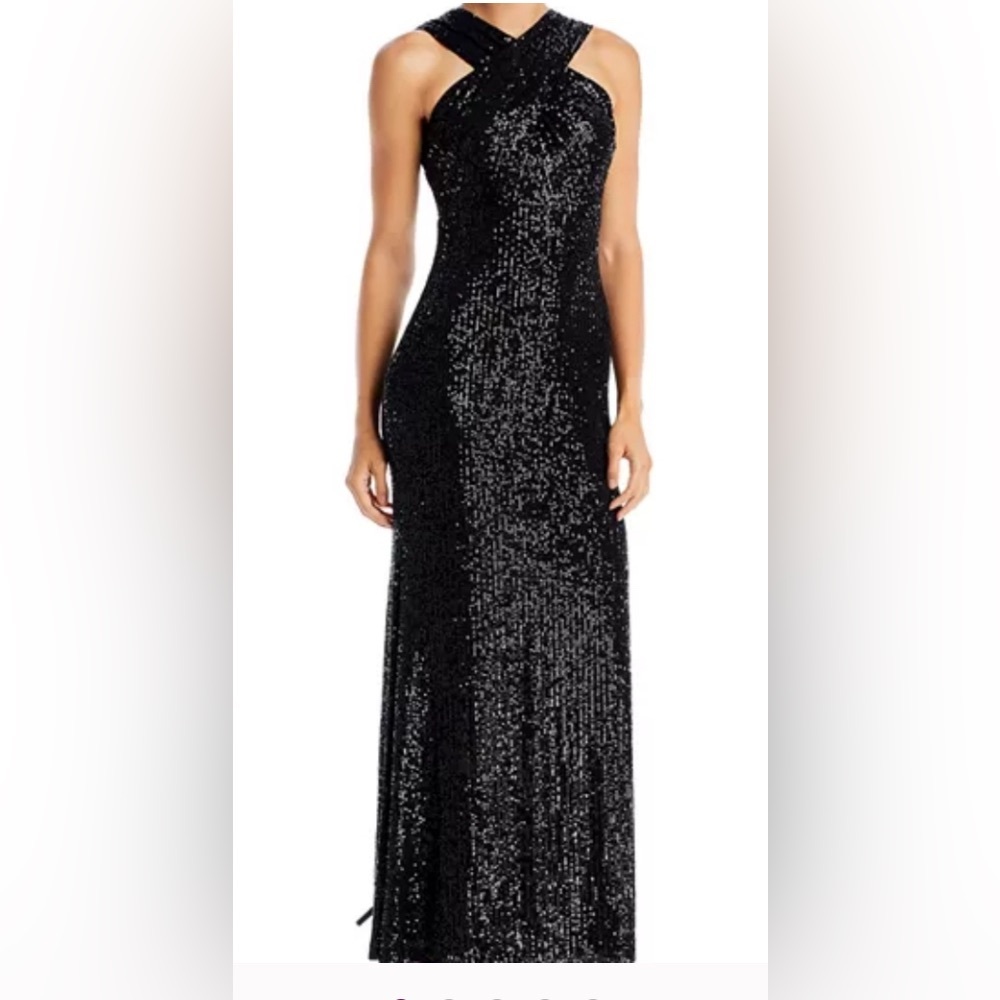 Eliza J  Black sequin crossover neck full length gown  Size 6